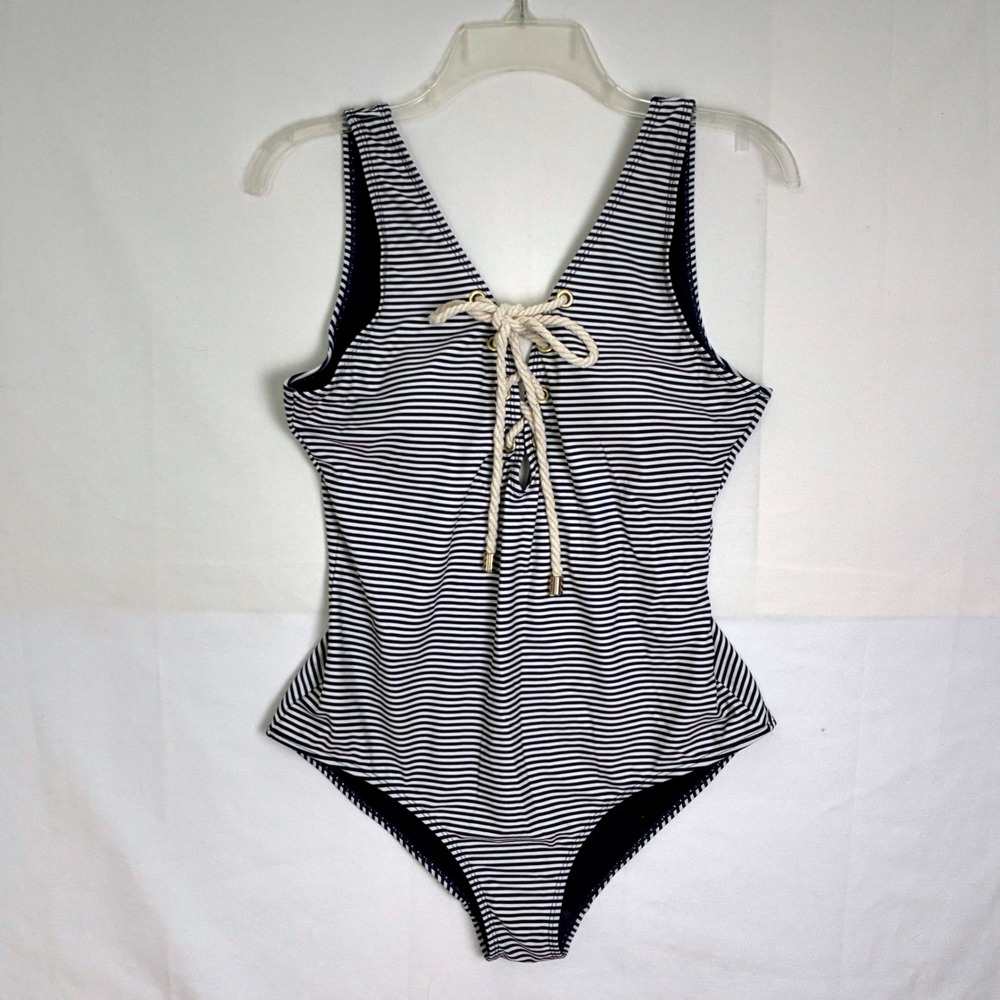 Jones New York One Piece Swimsuit Womens Large Blue Striped‎ Coastal Nautical
